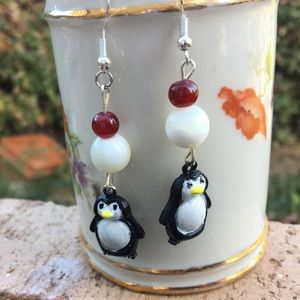 White Mother of Pearl Red Carnelian Penguin Earrings